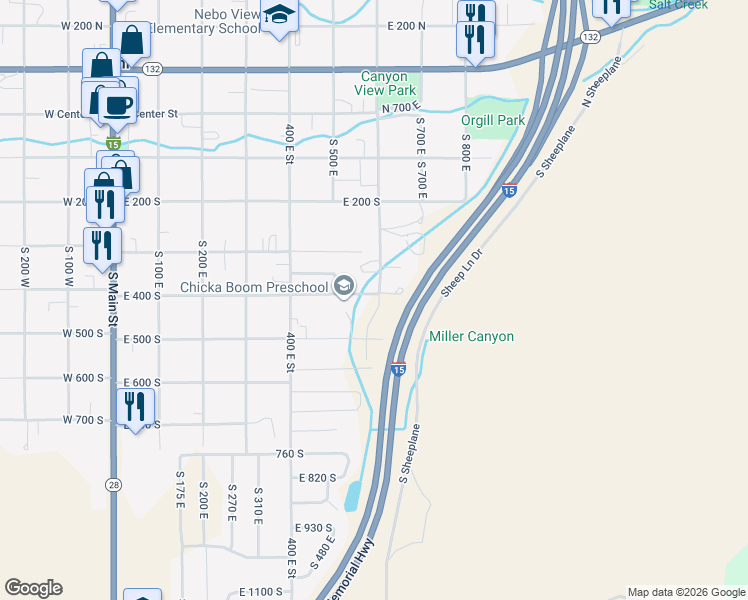 map of restaurants, bars, coffee shops, grocery stores, and more near 594 East 400 South in Nephi