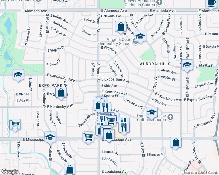 map of restaurants, bars, coffee shops, grocery stores, and more near 12163 East Kentucky Avenue in Aurora