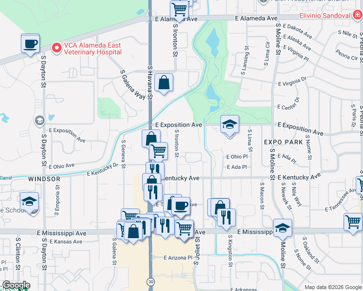 map of restaurants, bars, coffee shops, grocery stores, and more near 800 South Ironton Street in Aurora