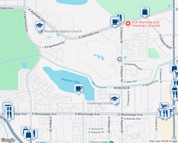 map of restaurants, bars, coffee shops, grocery stores, and more near High Line Canal Trail in Denver