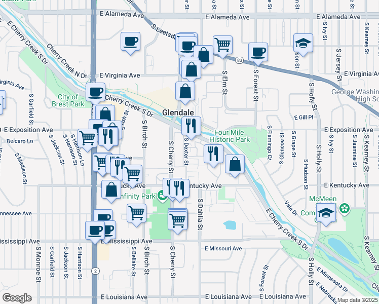 map of restaurants, bars, coffee shops, grocery stores, and more near 790 South Dexter Street in Denver