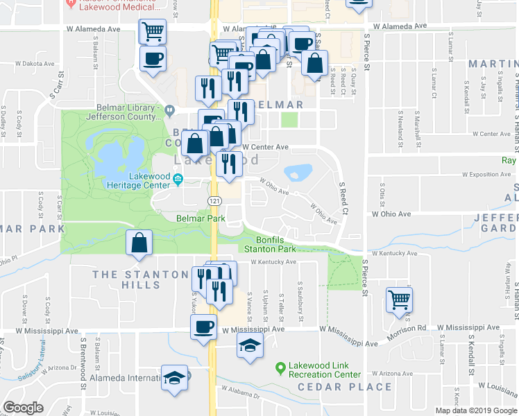map of restaurants, bars, coffee shops, grocery stores, and more near 7381 West Kentucky Drive in Lakewood