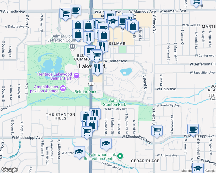map of restaurants, bars, coffee shops, grocery stores, and more near 7399 West Kentucky Drive in Denver