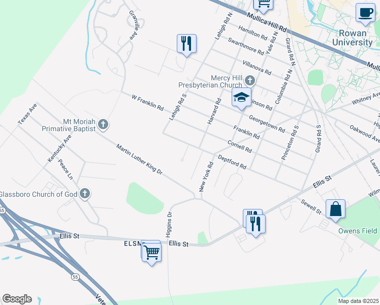map of restaurants, bars, coffee shops, grocery stores, and more near 6 Virginia Road in Glassboro