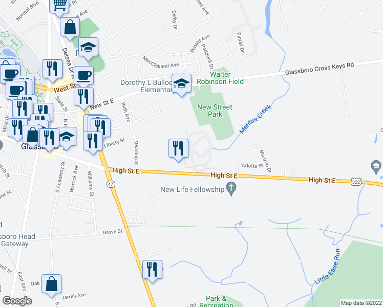 map of restaurants, bars, coffee shops, grocery stores, and more near Park Crest Village in Glassboro