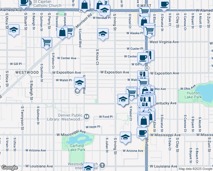 map of restaurants, bars, coffee shops, grocery stores, and more near 3414 West Ohio Avenue in Denver