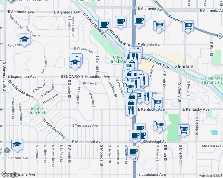 map of restaurants, bars, coffee shops, grocery stores, and more near 760 South Garfield Street in Denver