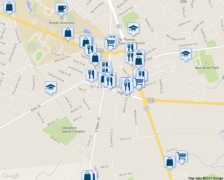 map of restaurants, bars, coffee shops, grocery stores, and more near 10 North Main Street in Glassboro