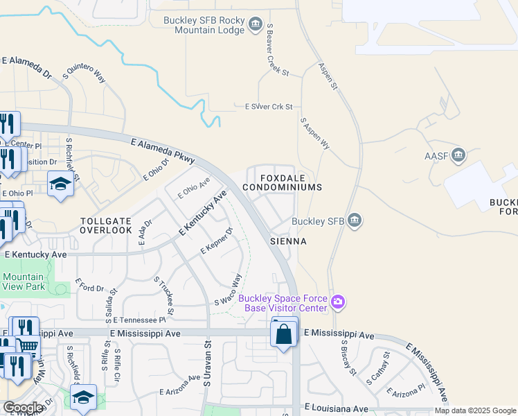 map of restaurants, bars, coffee shops, grocery stores, and more near 930 South Walden Way in Aurora