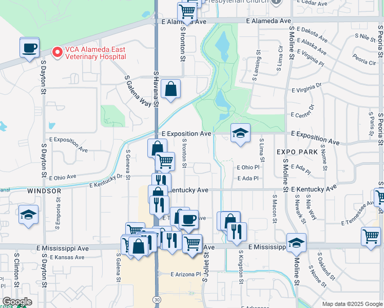 map of restaurants, bars, coffee shops, grocery stores, and more near 800 South Ironton Street in Aurora