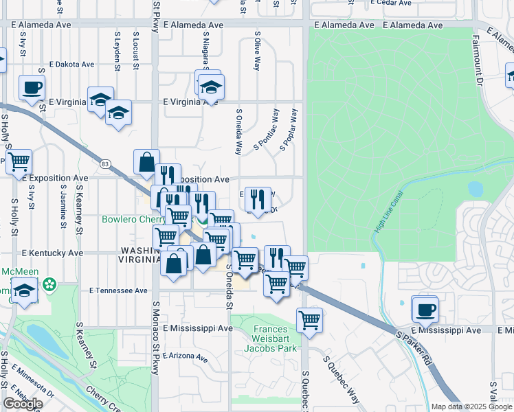 map of restaurants, bars, coffee shops, grocery stores, and more near 6934 East Ohio Drive in Denver