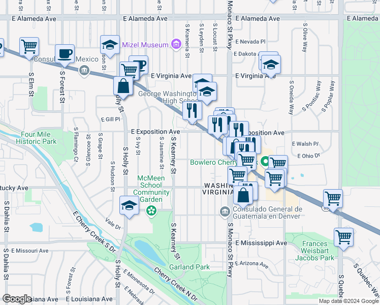 map of restaurants, bars, coffee shops, grocery stores, and more near 800 South Krameria Street in Denver