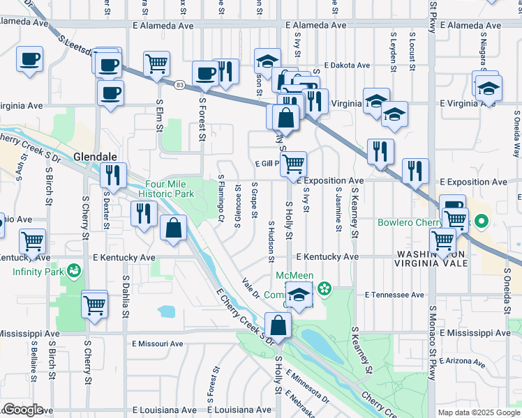 map of restaurants, bars, coffee shops, grocery stores, and more near 788 South Grape Street in Denver