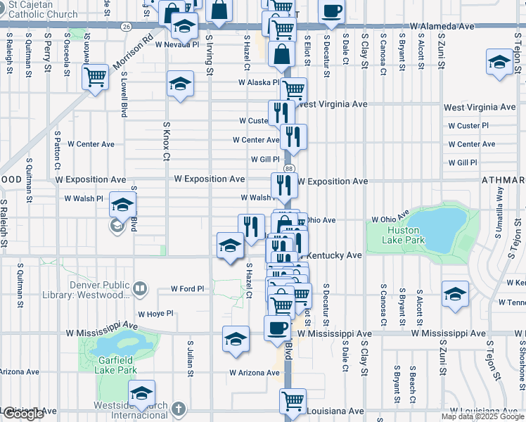 map of restaurants, bars, coffee shops, grocery stores, and more near 3130 West Ohio Avenue in Denver