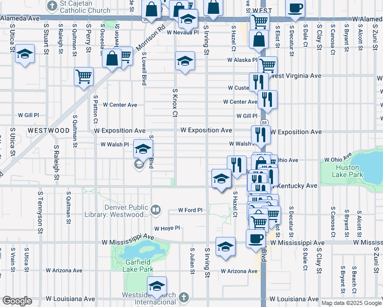 map of restaurants, bars, coffee shops, grocery stores, and more near 3414 West Ohio Avenue in Denver