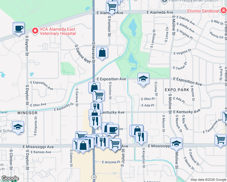 map of restaurants, bars, coffee shops, grocery stores, and more near 800 South Ironton Street in Aurora