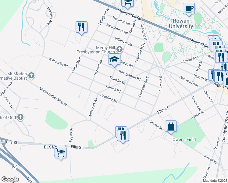 map of restaurants, bars, coffee shops, grocery stores, and more near 215 Deptford Road in Glassboro