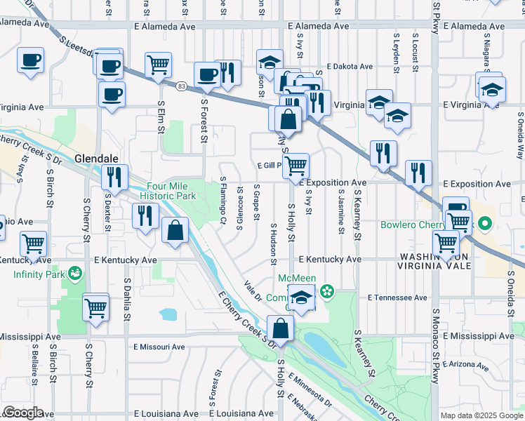 map of restaurants, bars, coffee shops, grocery stores, and more near 788 South Grape Street in Denver
