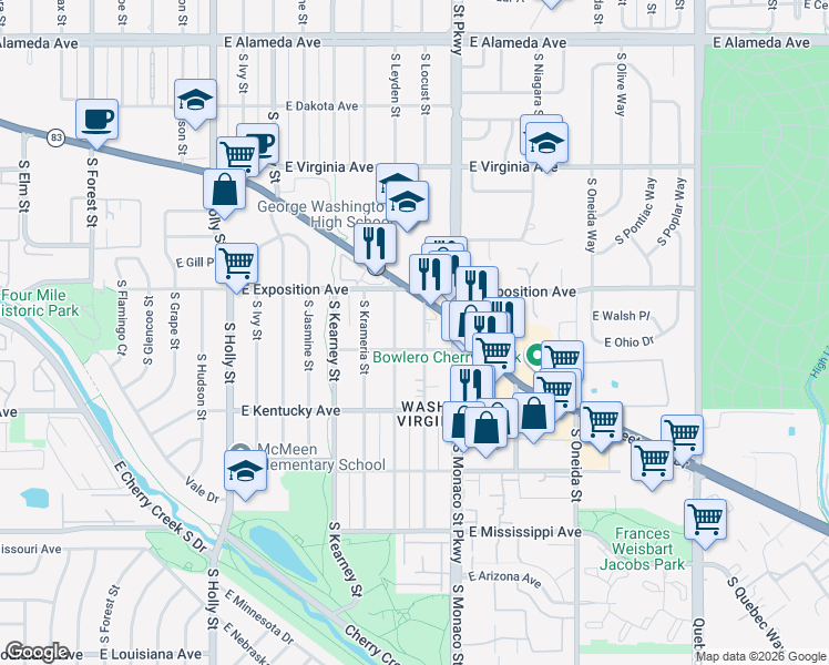 map of restaurants, bars, coffee shops, grocery stores, and more near 6390 East Ohio Avenue in Denver