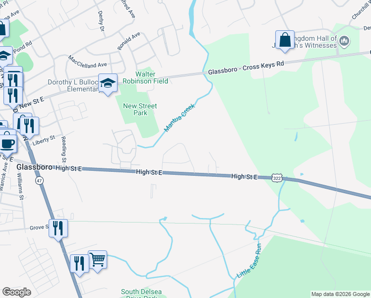 map of restaurants, bars, coffee shops, grocery stores, and more near 285 High Street East in Clayton
