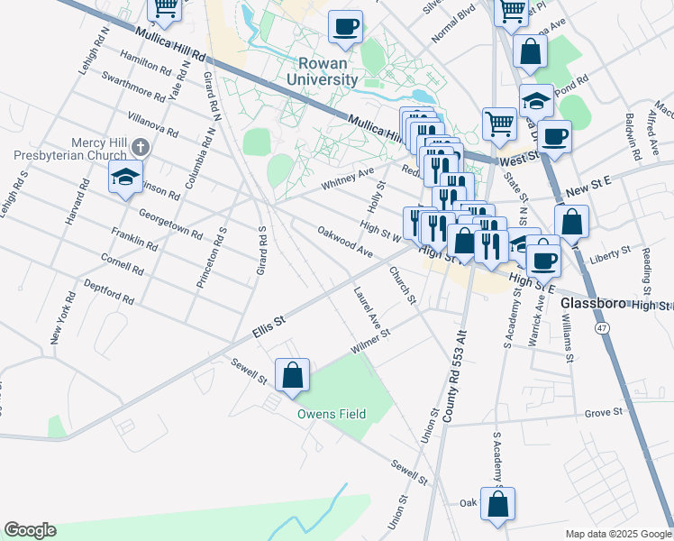 map of restaurants, bars, coffee shops, grocery stores, and more near 311 Ellis Street in Glassboro