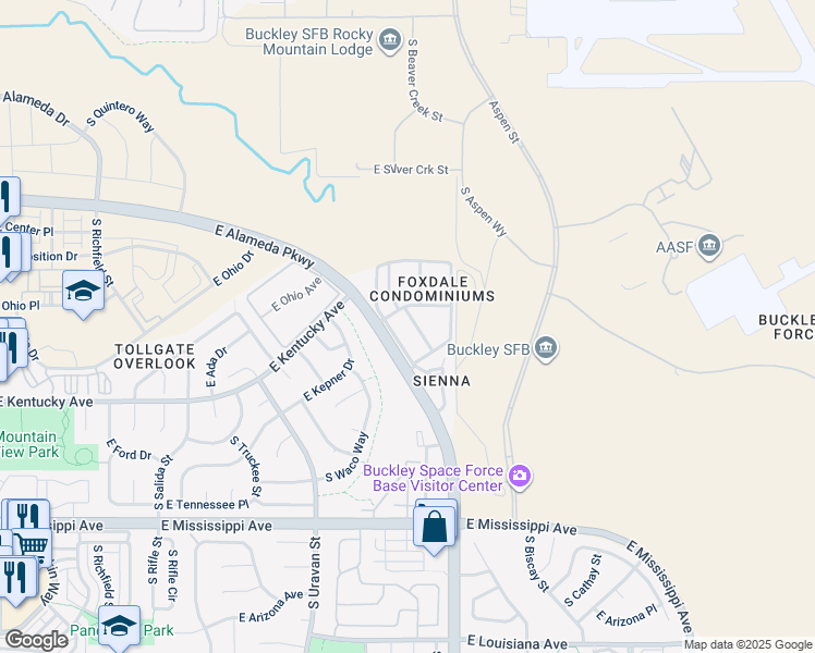 map of restaurants, bars, coffee shops, grocery stores, and more near 921 South Walden Street in Aurora