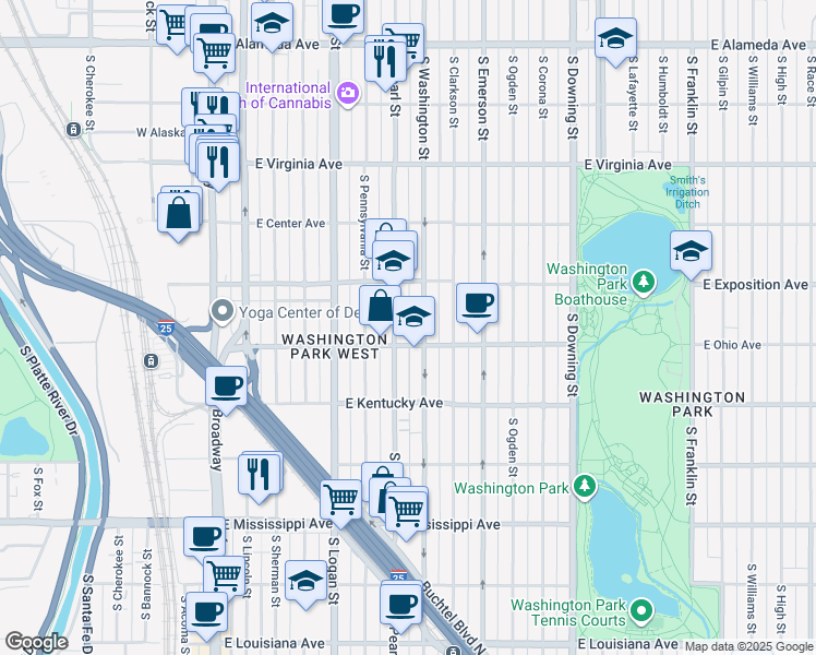 map of restaurants, bars, coffee shops, grocery stores, and more near 799 South Pearl Street in Denver