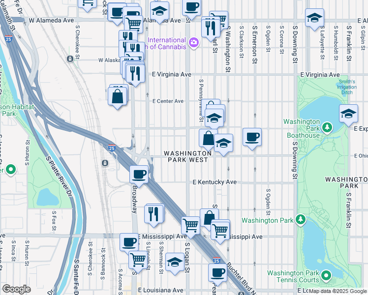 map of restaurants, bars, coffee shops, grocery stores, and more near 790 South Grant Street in Denver