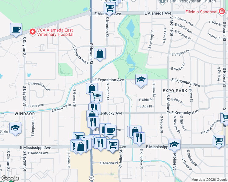 map of restaurants, bars, coffee shops, grocery stores, and more near 800 South Ironton Street in Aurora