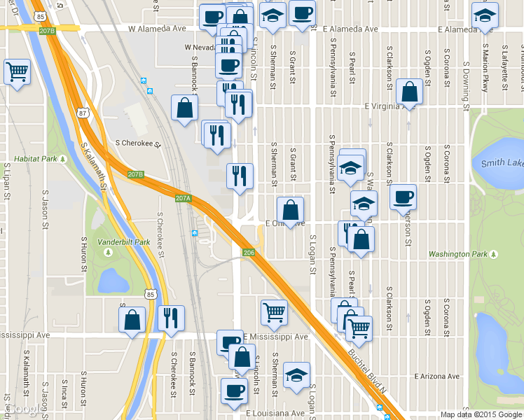 map of restaurants, bars, coffee shops, grocery stores, and more near 26 East Ohio Avenue in Denver