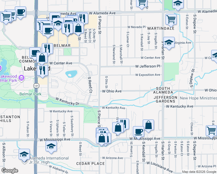 map of restaurants, bars, coffee shops, grocery stores, and more near 6550 West Ohio Avenue in Lakewood