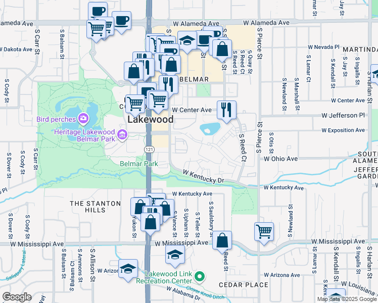 map of restaurants, bars, coffee shops, grocery stores, and more near 7381 West Kentucky Drive in Lakewood