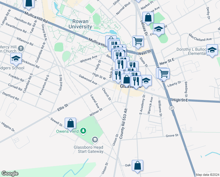 map of restaurants, bars, coffee shops, grocery stores, and more near 211 Oakwood Avenue in Glassboro