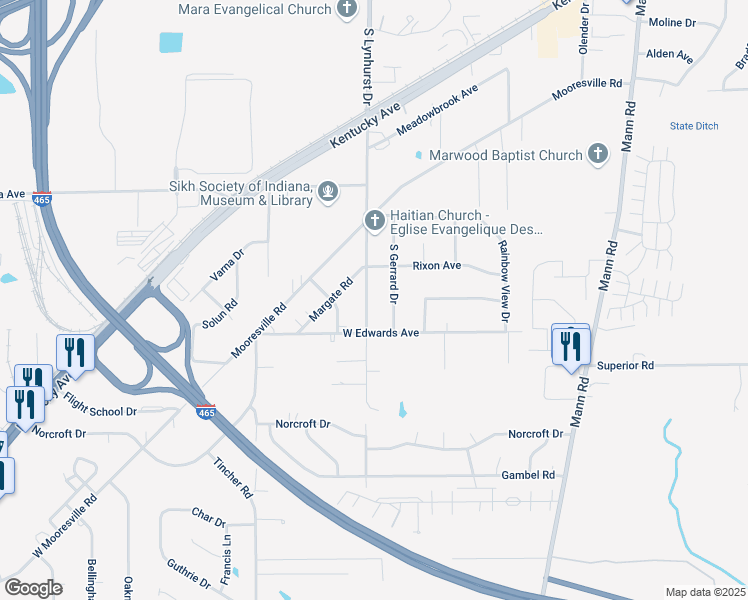 map of restaurants, bars, coffee shops, grocery stores, and more near 4221 South Lynhurst Drive in Indianapolis