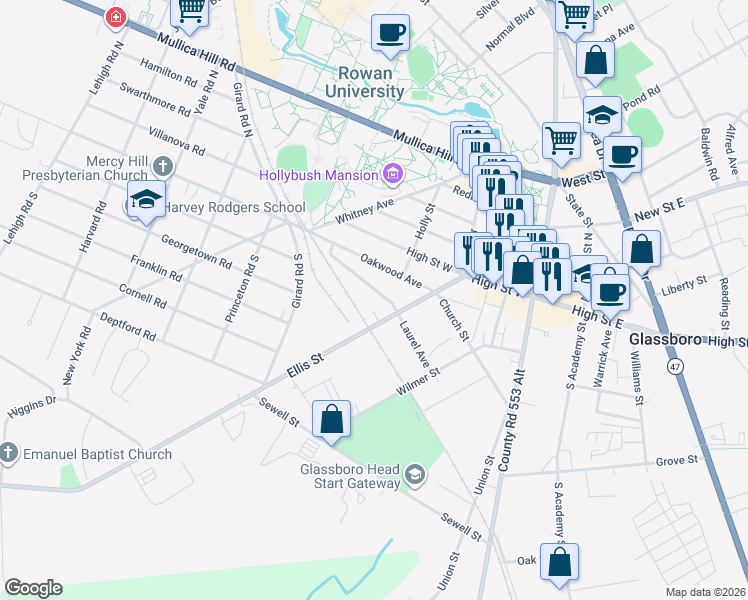 map of restaurants, bars, coffee shops, grocery stores, and more near 311 Ellis Street in Glassboro