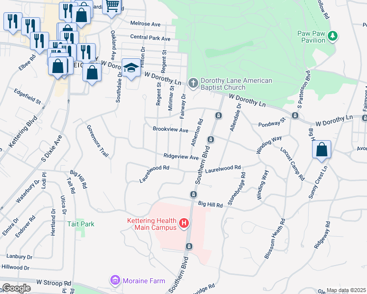 map of restaurants, bars, coffee shops, grocery stores, and more near 1117 Ridgeview Avenue in Dayton