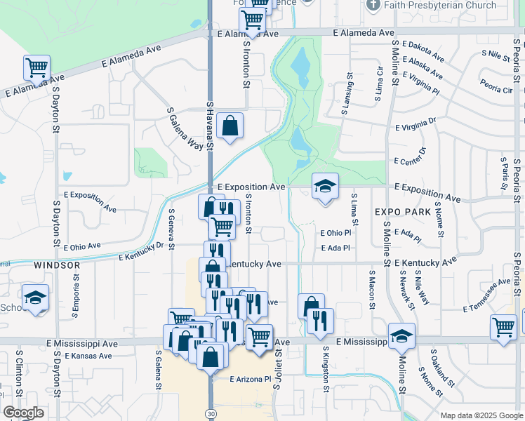 map of restaurants, bars, coffee shops, grocery stores, and more near 800 South Ironton Street in Aurora