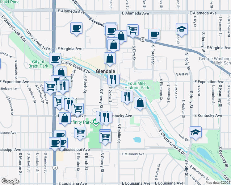 map of restaurants, bars, coffee shops, grocery stores, and more near 790 South Dexter Street in Denver