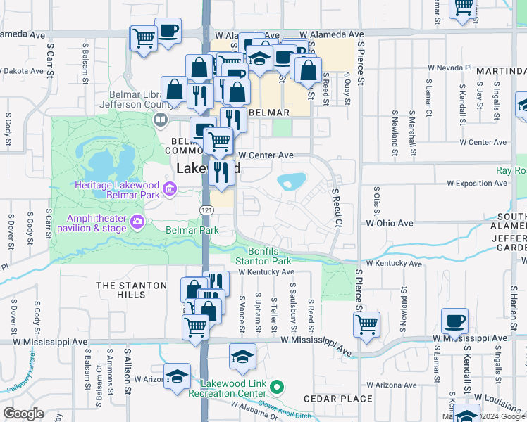 map of restaurants, bars, coffee shops, grocery stores, and more near 7381 West Kentucky Drive in Lakewood