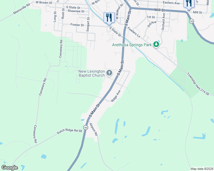 map of restaurants, bars, coffee shops, grocery stores, and more near 853 South Main Street in New Lexington