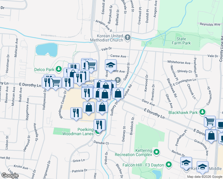 map of restaurants, bars, coffee shops, grocery stores, and more near 2308 East Dorothy Lane in Dayton