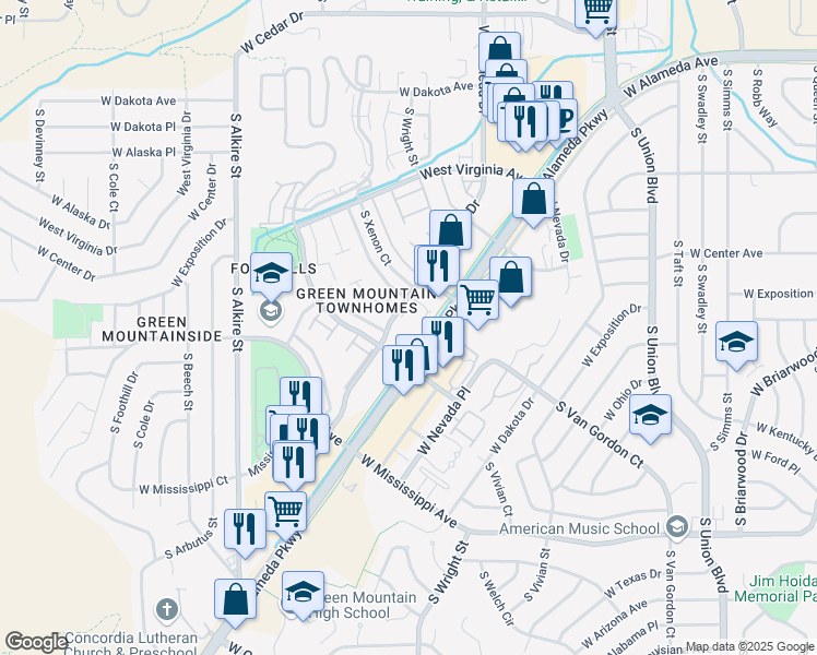 map of restaurants, bars, coffee shops, grocery stores, and more near 12791 West Alameda Parkway in Lakewood