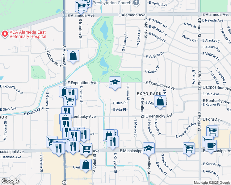 map of restaurants, bars, coffee shops, grocery stores, and more near 11000 East Exposition Avenue in Aurora