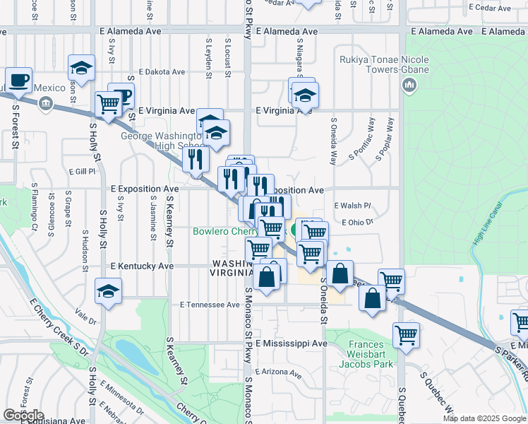 map of restaurants, bars, coffee shops, grocery stores, and more near 6630 East Exposition Avenue in Denver