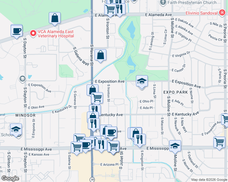 map of restaurants, bars, coffee shops, grocery stores, and more near 10702 South Ironton Street in Aurora
