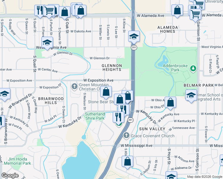 map of restaurants, bars, coffee shops, grocery stores, and more near 10271 West Exposition Drive in Lakewood