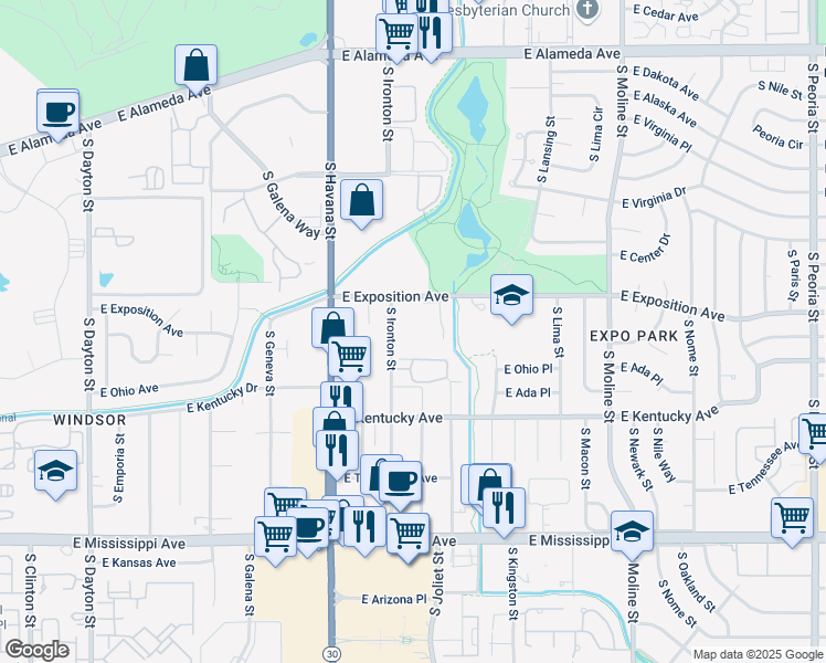 map of restaurants, bars, coffee shops, grocery stores, and more near 10762 East Exposition Avenue in Aurora