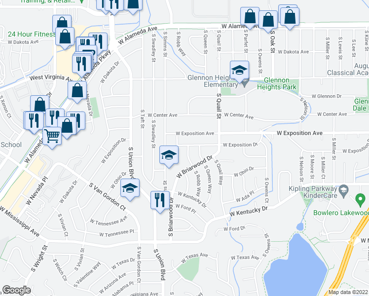 map of restaurants, bars, coffee shops, grocery stores, and more near 727 South Routt Way in Lakewood