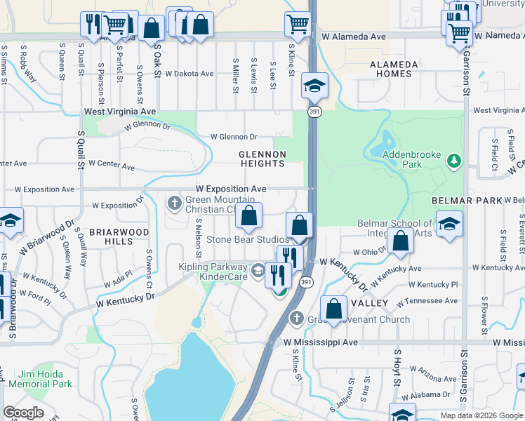 map of restaurants, bars, coffee shops, grocery stores, and more near 10271 West Exposition Drive in Lakewood