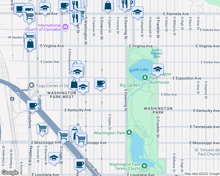 map of restaurants, bars, coffee shops, grocery stores, and more near South Ogden Street in Denver